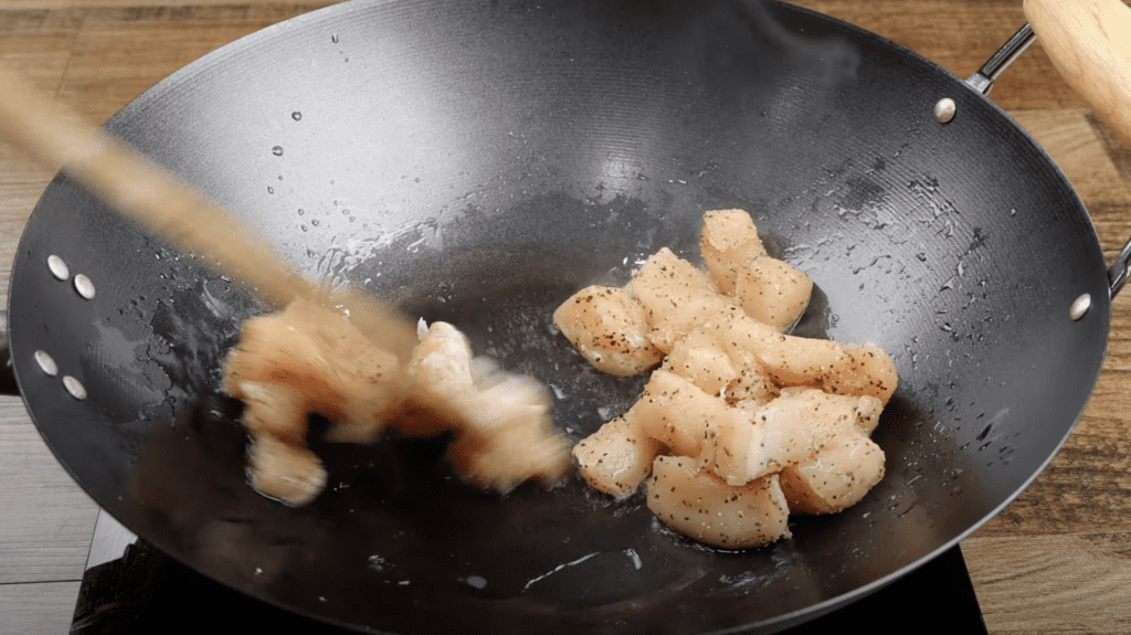 cooking the chicken for the chicken fried rice